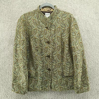 VTG Chicos Womens Size 3 Jacket XL Green Jacquard Nehru Floral Metallic Textured • $23.99