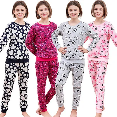 Girls Fleece Pyjamas Supersoft Cosy Set Long Sleeve Hearts Nightwear 4-13 Years • £8.99