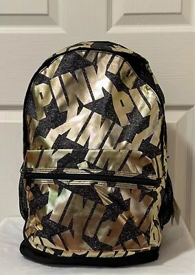 NWT Victoria Secret PINK Bling Black & Gold Foil Backpack Campus Laptop Book Bag • $45