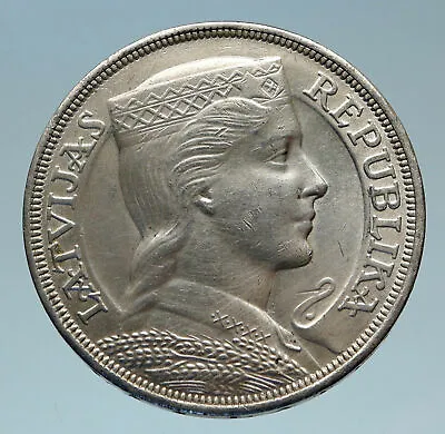 1931 LATVIA W Female Headwear 5 Lati LARGE Vintage Silver European Coin I82732 • $198.80