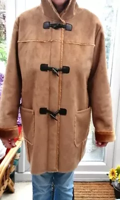 Vintage Faux Sheepskin  Shearling Brown Camel Coat W/ Hood Size 16 To 18 • £25