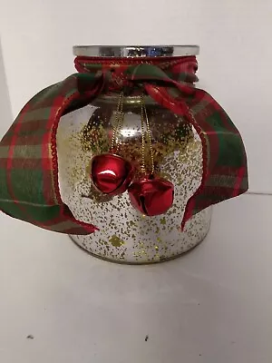 FTD Large Mercury Glass Holiday Floral Jar With Plaid Ribbon And Bells New! • $17.33