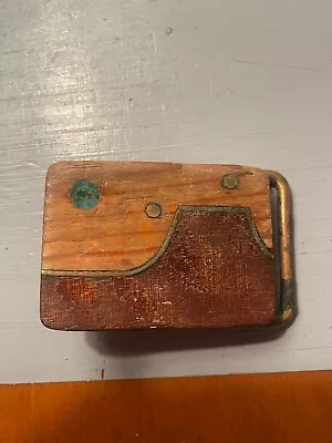 Vintage Belt Buckle Brass Wood Landscape Mesa Turquiose Rectangle • $17.50