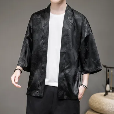 Mens Chinese Dragon Print Kimono Loose Coat Yukata Outwear Jacket Bathrobe Retro • $26.25