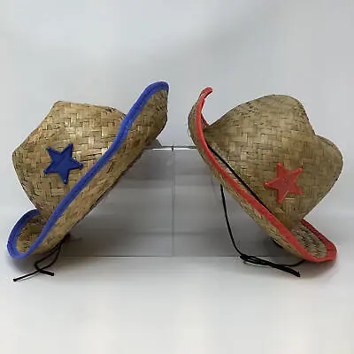 2-Pack US Toy Kids Red Blue Woven Drawstring Cowboy Sheriff Straw Hat With Star • $11.24