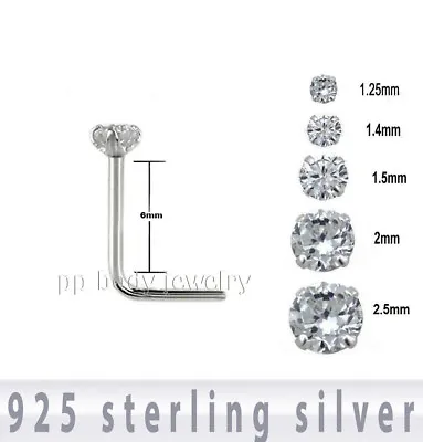 1pc. 22G 925 Sterling Silver Round CZ Prong Set L-Shaped Nose Stud Ring • $2.61