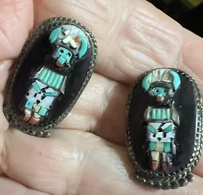 OLD Zuni Sterling Silver Kachina Earrings  Turquoise Screw Back WOW!! • $37.01