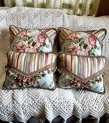 4 Vintage Springtime Floral & Stripes Beads & Tassels Decorative Bed Pillows • $15