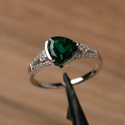 2Ct Trillion Cut Lab Created Green Emerald Engagement Ring 14K White Gold Plated • $89.99