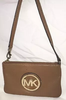 Michael Kors Fulton Leather Wristlet Mini Clutch BIG MK Shiny GOLD LOGO Brown 7” • $29.99