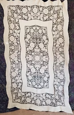 Vintage Italian Ecru Raw Linen Embroidered Filet Net Tablecloth 54x88 • $55