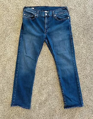 TRUE RELIGION Mens Ricky Relaxed Straight Blue Stitch No Flap Blue Jeans Size 36 • $49.97