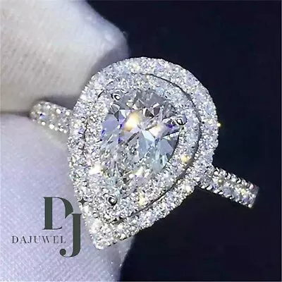 3 CT Pear Cut Moissanite Double Halo Engagement Ring Solid 14K White Gold VVS1 • $229.68