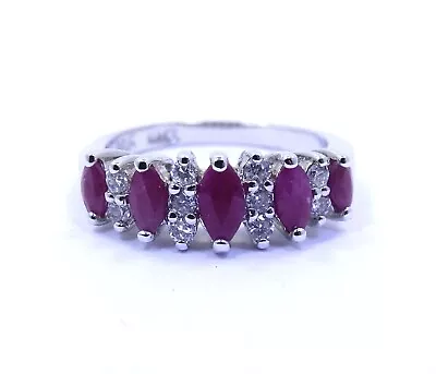 HMI Signed Marquise Cut Natural Red RUBY & CZ Sterling Silver Tiered Ring 5.25 • $69.99