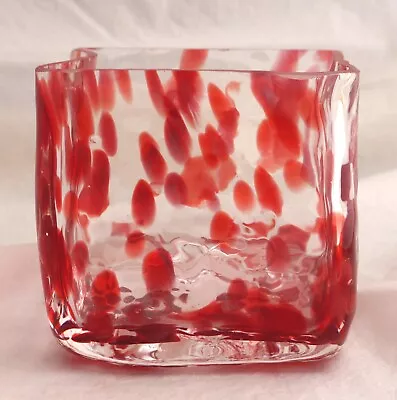 Hand Blown Organic Square Art Glass Vase: Fused Clear Over Layer With Red Spots • $8.99
