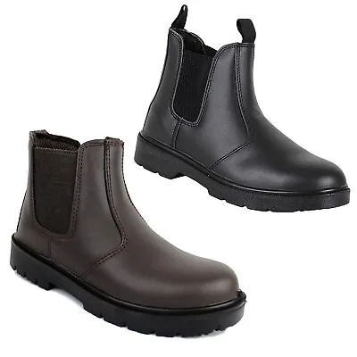 CHELSEA DEALER BOOTS Leather Slip On Steel Toe Safety Work Shoes BLACK & BROWN • £22.75