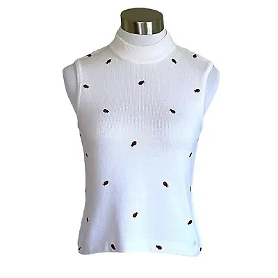 St John Sport Womens White Knit Top Sz Petite 90s Vintage Ladybug Mock Neck • $38