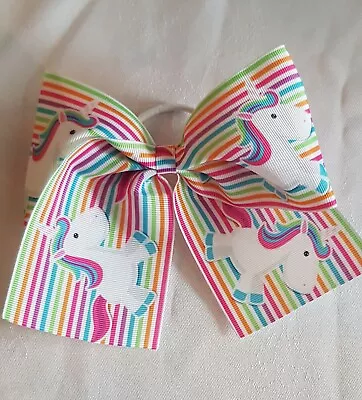 Girls Medium Hair Bow Dance Cheer Rainbow Cheerleading Unicorn Stripe Pink White • £3.75