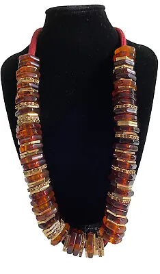 Marc By Marc Jacobs Statement Collar Necklace Gold Disc Beads Brown Tortoise   • $22.80
