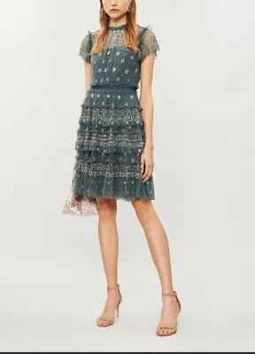 Needle & Thread Green Andromeda Sequins Tiered Tulle Mini Dress Size UK 10 • £160