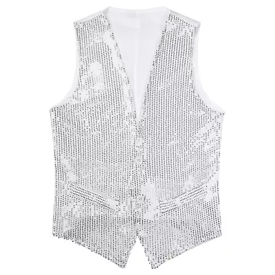 Mens Sequin Vest Shiny Suit Slim Fit V-Neck Party Dress Tuxedo Waistcoat Jackets • $15.80