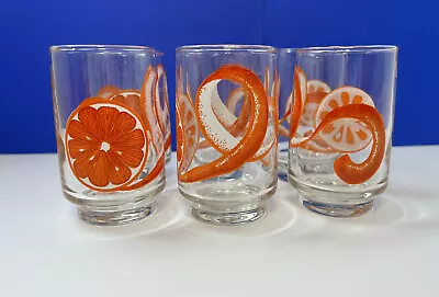 Orange Juice Freshly Squeezed Fruit Peel Design Clear Glasses Vintage Set Of 6 • $16.68