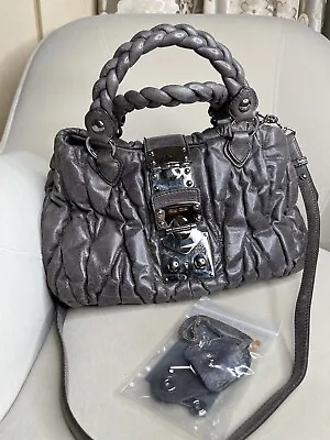 MIU MIU Gray Matelassé Ruffled Puff Leather Silver Coffer Lock Two Way Bag Purse • $408.49