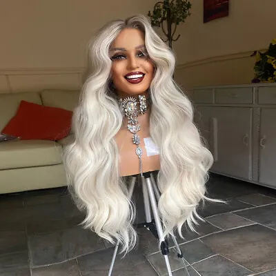 Lace Front Wig Heat Resistant Synthetic Handtied Long Wavy Platinum Blonde • £29.99