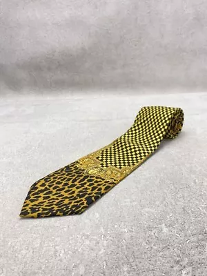 GIANNI VERSACE Rare Tie Yellow Leopard Printn Medusa Logo Silk Made In Italy • $61