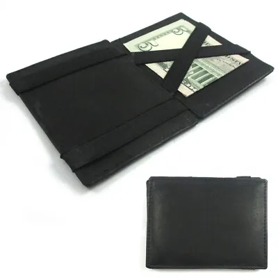 Mens Genuine Leather Magic Flip Wallet Credit Card ID Holder Money Clip Black • $8.70