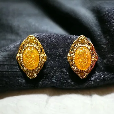 Vintage Topaz Glass Fire Opals- Citrine Rhinestones Clip-On Earrings  • $15