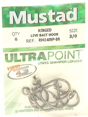 6 Pcs Mustad Ringed Live Bait Hooks Size 3/0 • $4.99