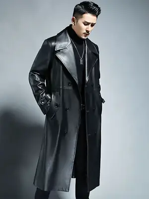 Long Cool Waterproof Black Pu Leather Trench Coat Men Double Breasted  Outerwear • $103.95