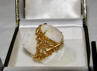Vintage 14k Yellow Gold Large Natural Opal Ring- White Fire Cabochon - Modernist • $899