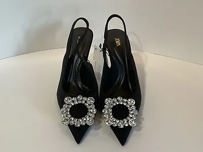 NWT Zara Embellished Diamond Slingback Heels In Black Sz 6.5/37 2202/010 • $69