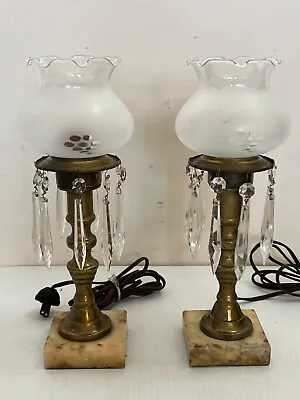 Antique Vtg Pair Of Crystal Prism Brass Boudoir Electric Table Lamps Marble Base • $63.74