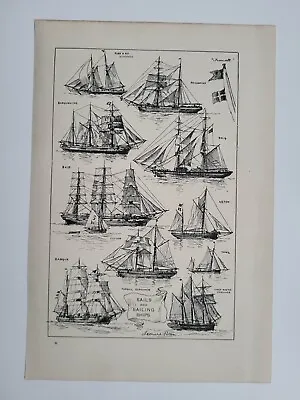 Old Vintage Antique Print 1900 Sailing Ships Barque Yawl Ketch Brig Brigantine • £10.50