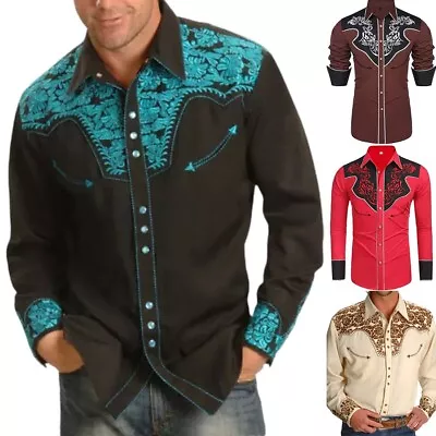 Mens Western Long Sleeve Shirts Casual Slim Button Down Dress Shirt Blouse-Tops • $17.64