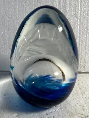 Signed Little River Art Glass Egg Paperweight Swirls Of Blue Large Bubble • $29.99