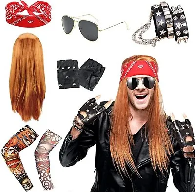 Men Women Rock Star Heavy Metal Wig 70s 80s Costume Accessories Set Fancy Dress • £14.98