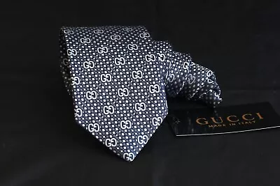 Gucci Handmade Tie Classical Design 100% Silk Black & Silver With Monogram • $44.79