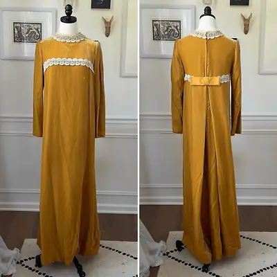 Vintage 60s Mustard Gold Yellow Velvet Empire Waist Maxi Dress M • $43.20