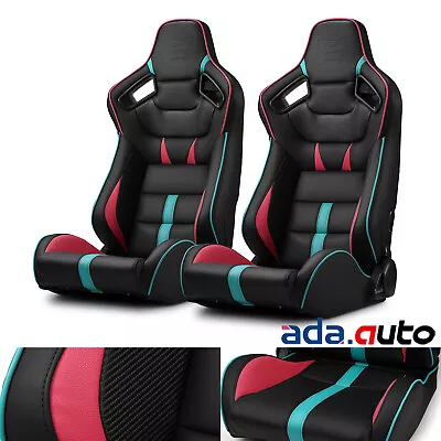 Universal PVC Reclinable VIPER-Series Black With Red/Blue Racing Seats Pair • $343.38