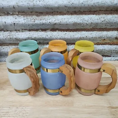 Set Of 6 Vintage MCM Siesta Ware Glasses Frosted Barrel Mugs Wood Handle Cups 5” • $29.95