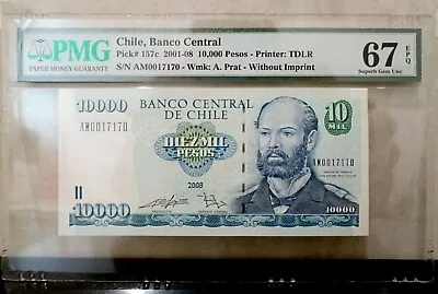 Chile 10000 Pesos 2001-08 P#157c UNC PMG 67 EPQ • $59