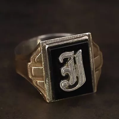 VTG Sterling Silver - ART DECO Onyx  J  Men's Gold Signet Ring Size 10.5 - 10g • $2.99