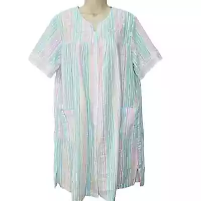 Miss Elaine Snap Button Short Sleeve Robe Seersucker Stripe Floral Size L Pocket • $27.96