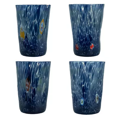 Set Of Four 4 Murano Glass Drinking Art Tumblers Blue Hand Made Millefiori • $115.23