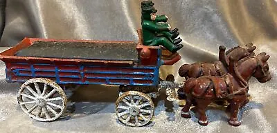 Vintage Antique Cast Iron 2 Horse Drawn  Wagon  W/ 2 People • $48.71