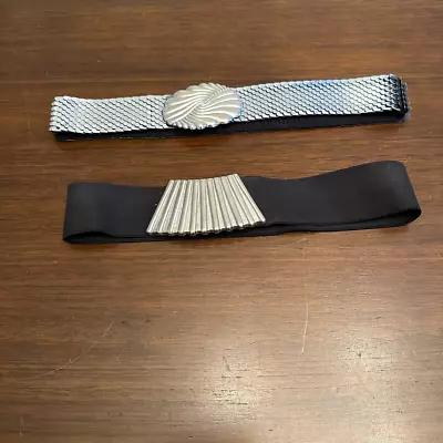 Women Belt Lot 2 Mermaid Fish Scale Silver Tone Stretch Black 80’s Glam Vintage • $16.99